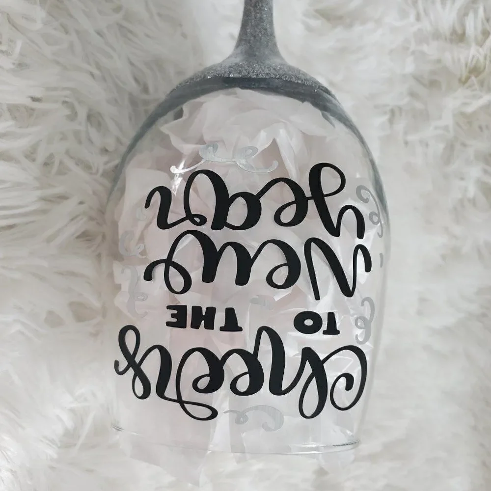 Cheers To The New Year, New Year's Silver Glittered Stemmed Wine Glass